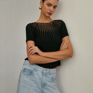 Commense Black Ribbed Knit Women's Top